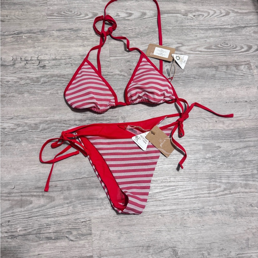 Red Striped Tie-Side Bikini Set - Classic Triangle Top